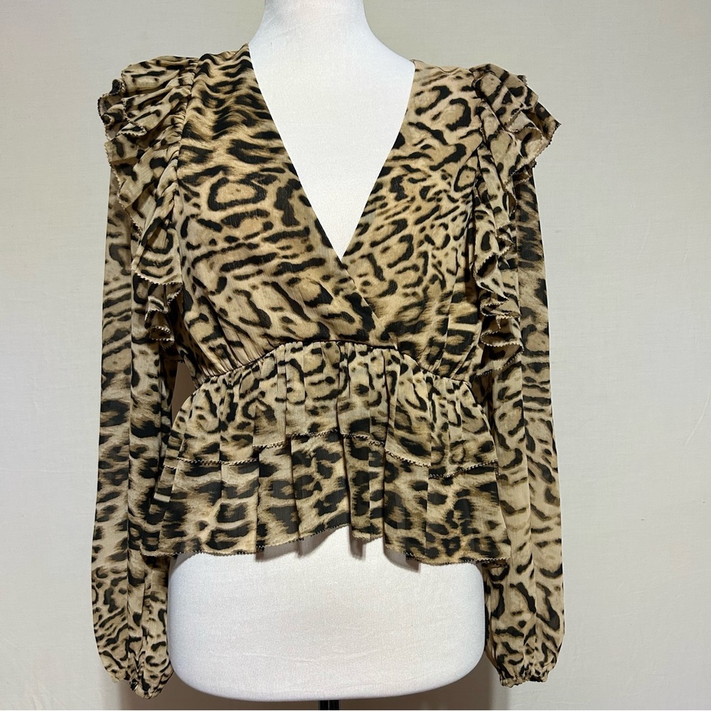 Express Leopard Print Ruffle Tiered Peplum Blouse